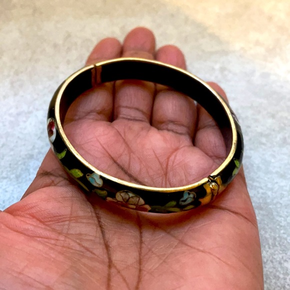 Vintage Cloisonné Brass Tone Slide Claps Hinged Oval Bracelet - Picture 9 of 9